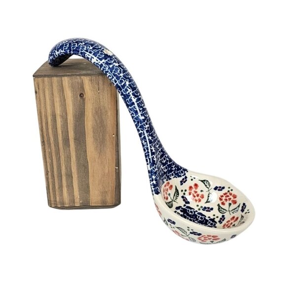 Polish Pottery Hand-Painted Floral Ceramic Ladle Blue Red 12" Long Vtg Soup - Picture 1 of 10
